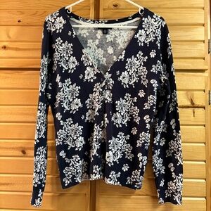 TOMMY HILFIGER Women’s Floral Button Up Cardigan, Size M, Dark Blue and White